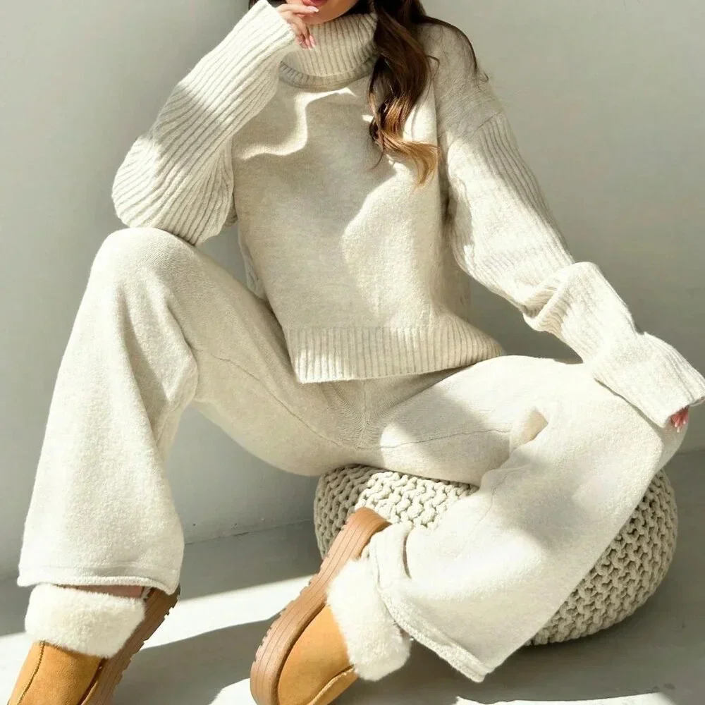 Grey Casual Women's Loose Fit High Neck Oversized Sweater Set - Picture 6 of 8